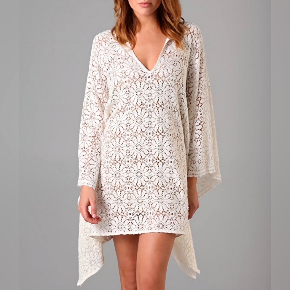 OG Ivory Lace Tunic Kaftan Beach Boho Bridal Coastal Floral Neutral Sheer Summer